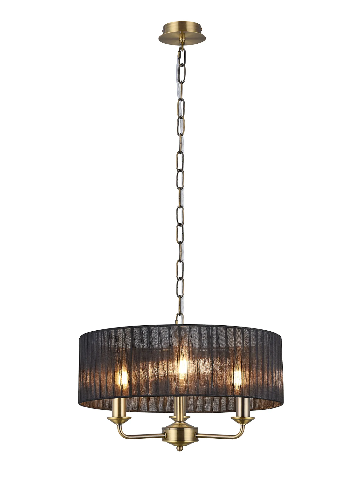 DK0867  Banyan 3 Light Multi Arm Pendant With 45cm x 15cm Organza Shade Antique Brass/Black